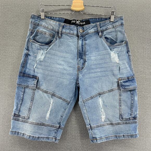 X Ray Mens Cargo Biker Slim Fit Casual Stretch Light Blue Denim Shorts 38 - Picture 3 of 12